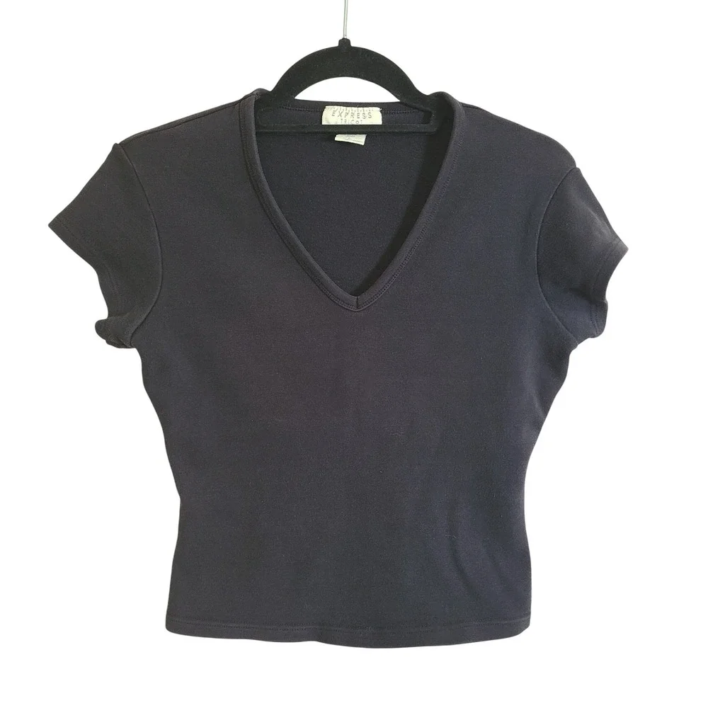 VTG Y2K 90s Express Tricot T-Shirt Women Large Black V-Neck Short Sleeve